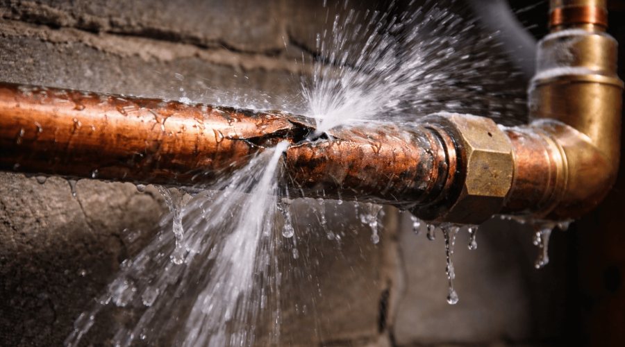 Burst copper pipe with emergency water leak