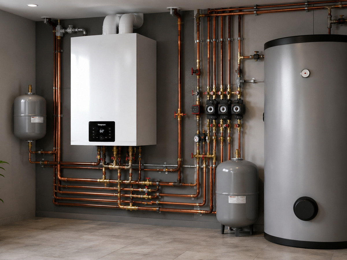 Modern heating and boiler system with copper pipes
