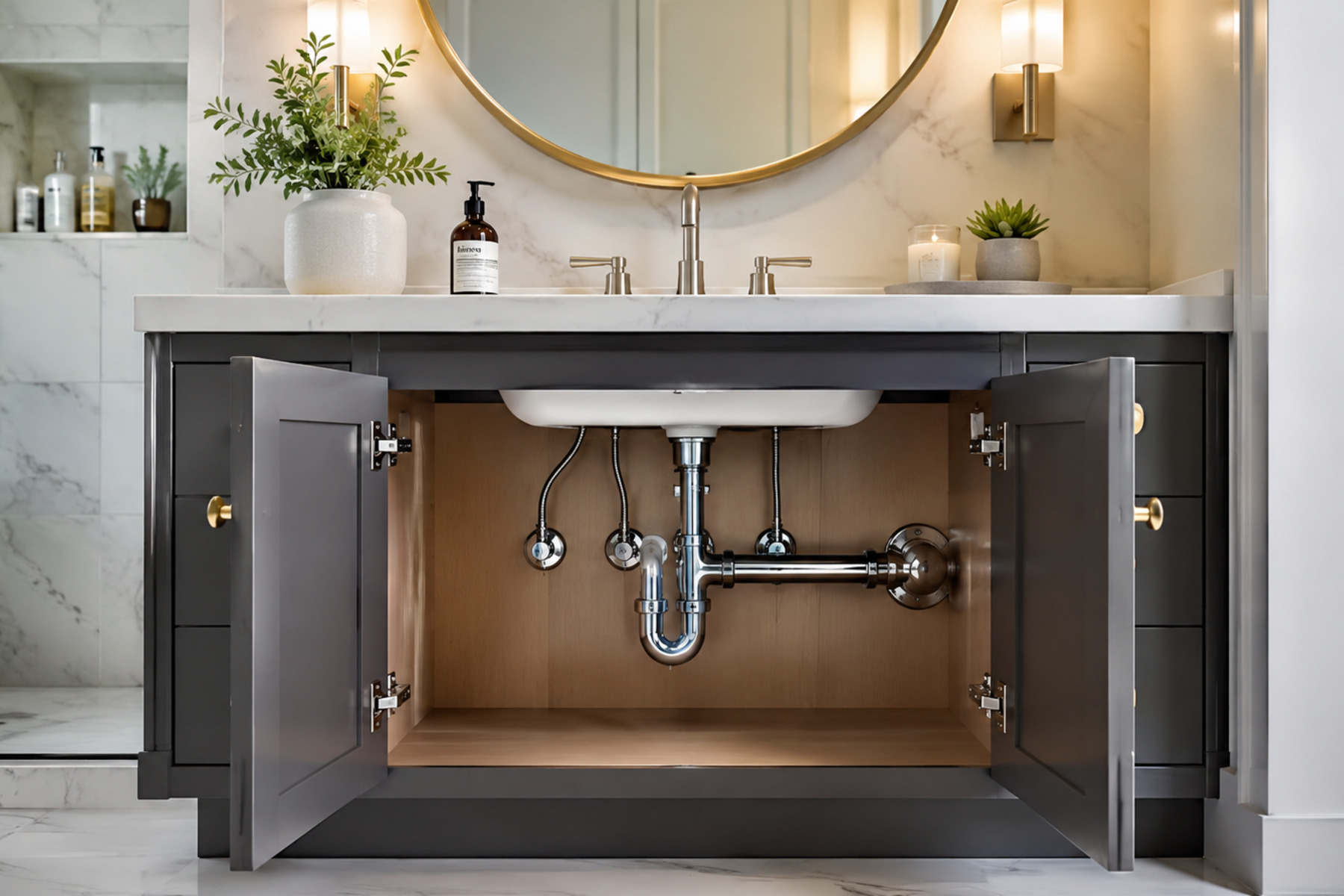 Modern kitchen sink plumbing with open cabinet