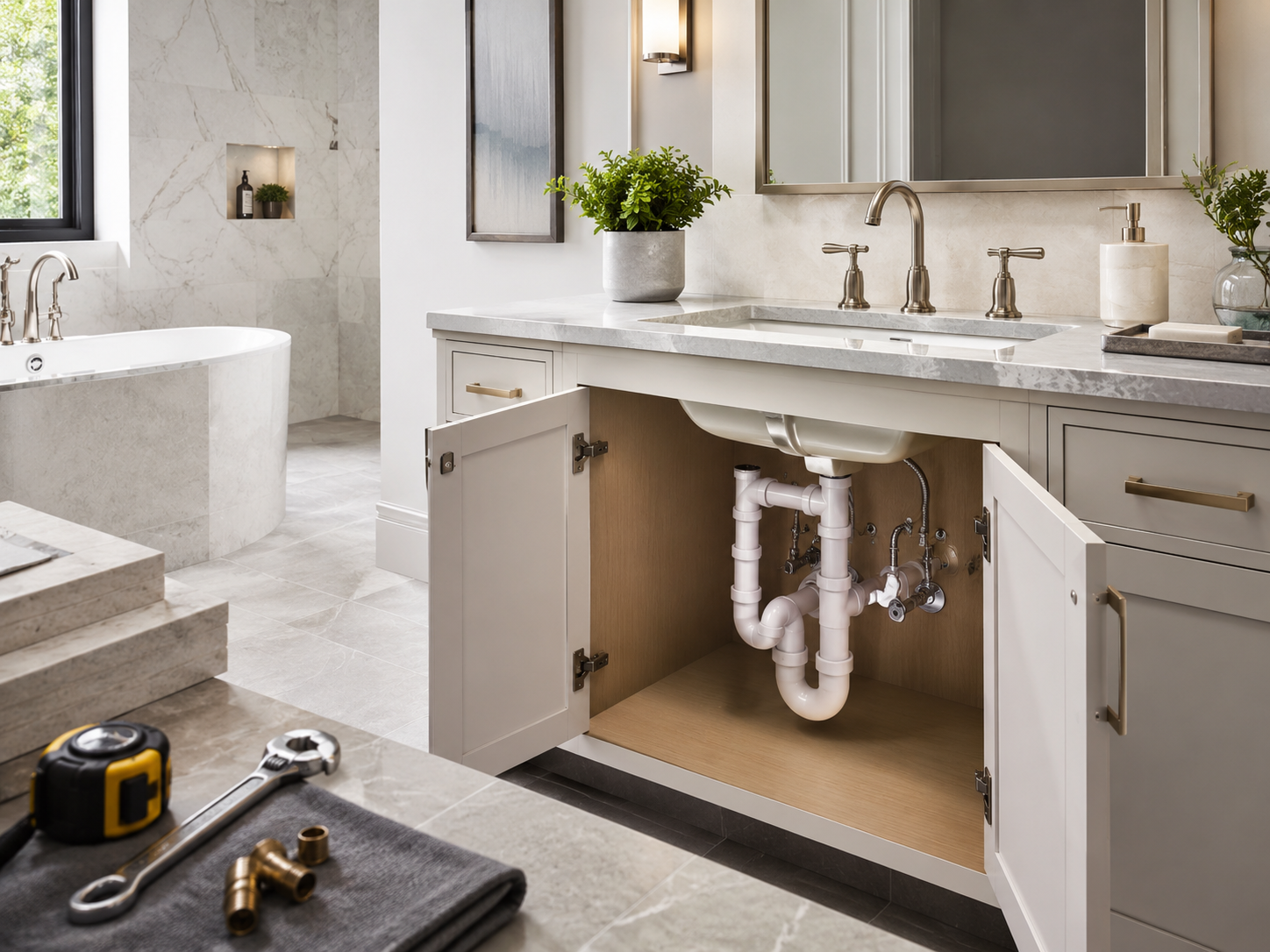 Modern bathroom renovation with under-sink plumbing work in progress